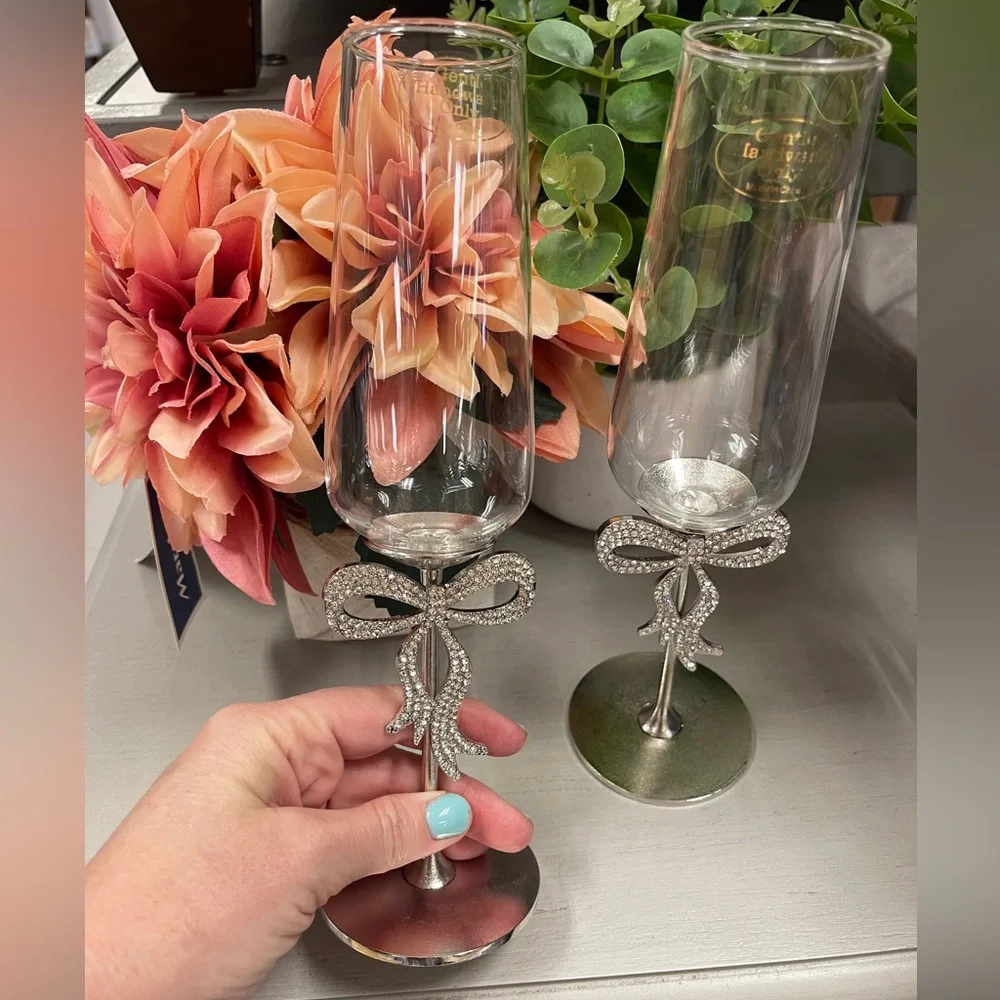 Rhinestone Bow Ribbon Coquette Glass Silver Champagne Flute Glasses Set of 2 NWT